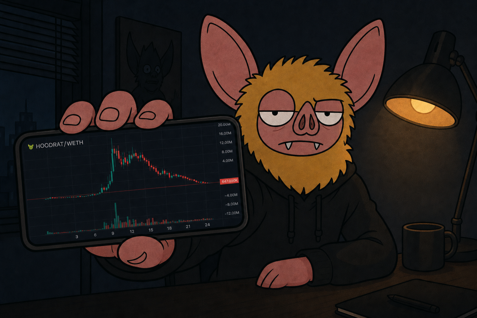 HUDRAT holding a phone with a pump and dump chart