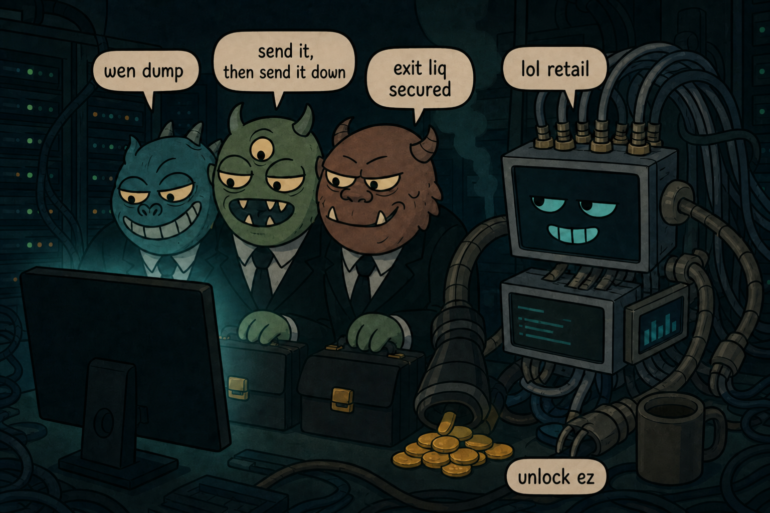 Cabal syndicate and bundler bot plotting a dump