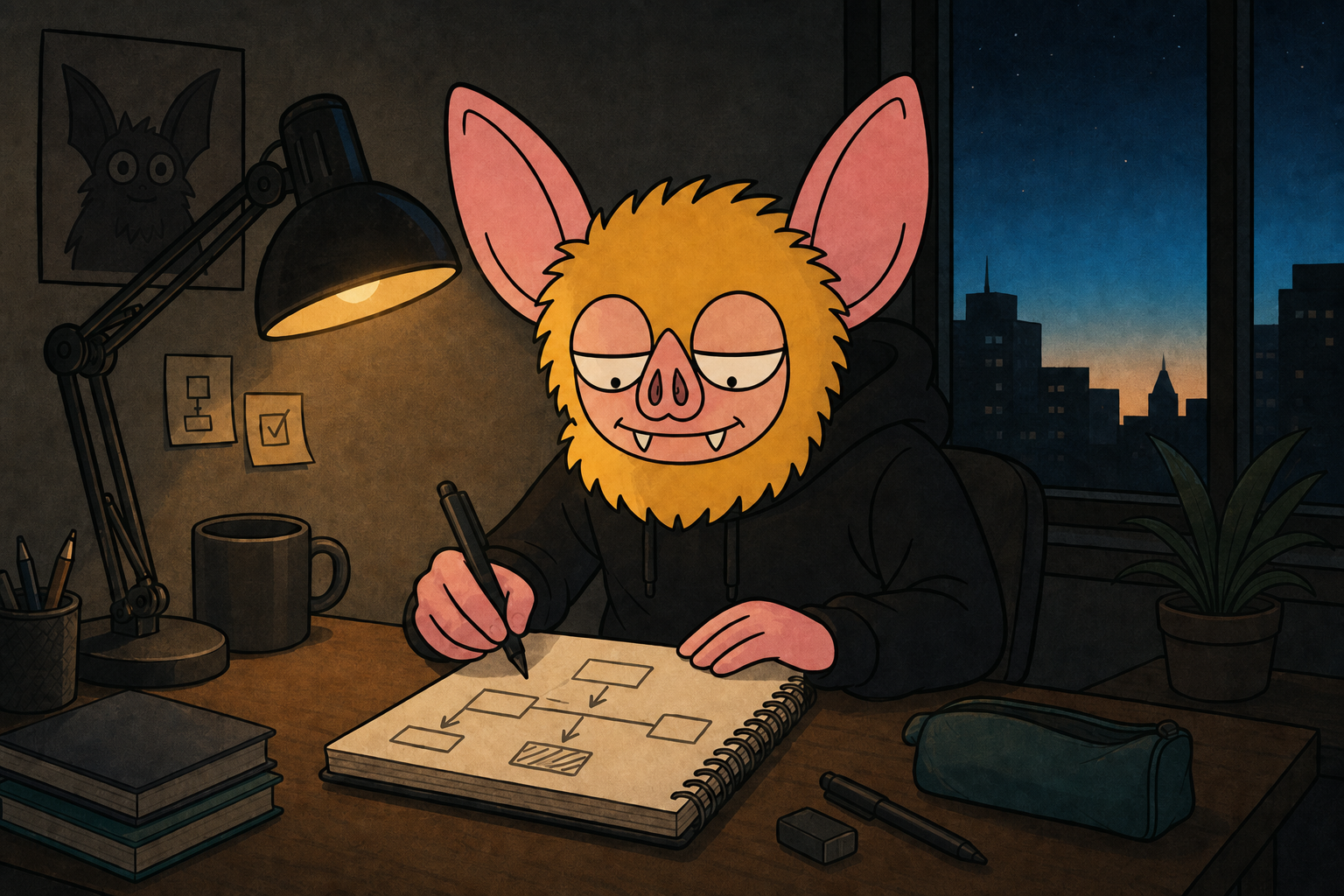 HUDRAT sketching a plan at a desk